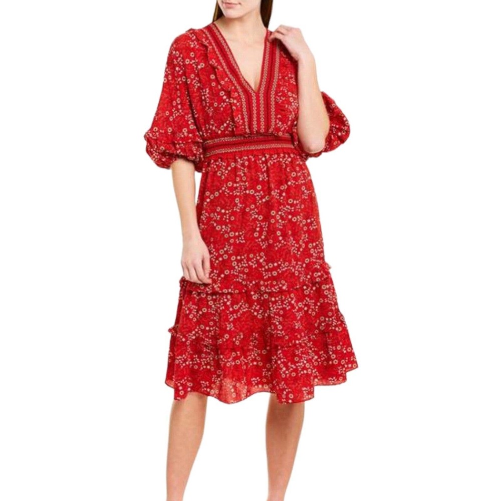 Max Studio Red Floral Bubble Crepe Knee Length Cottagecore Style Dress Size XS - Picture 1 of 8
